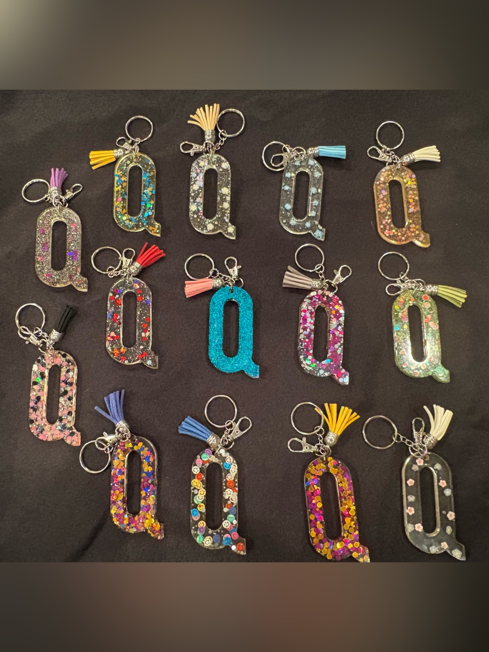 Assorted Glitter Resin "Q" Keychains with Tassels